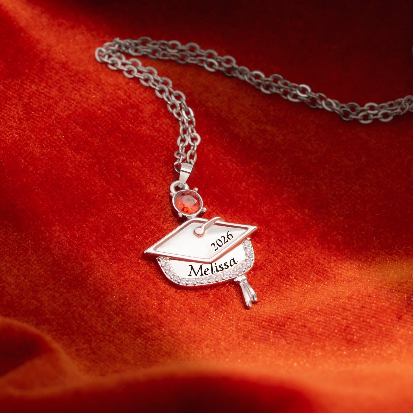 Graduation Cap Pendant Necklace, Personalized Name Charm With Birthstone - Meaningful Gift For Grads
