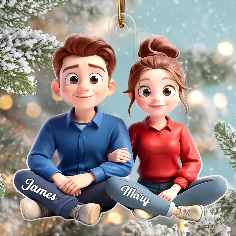 Personalized Acrylic Ornament Cartoon Couple Sitting Together, Cute Unique Gift for Him or Her
