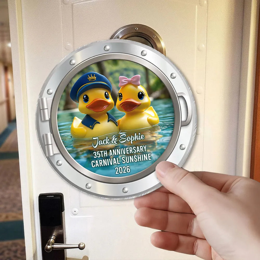 Romantic Personalized Acrylic Magnet of a Rubber Duck Couple on the Water, Sweet Anniversary Cruise Keepsake Gift