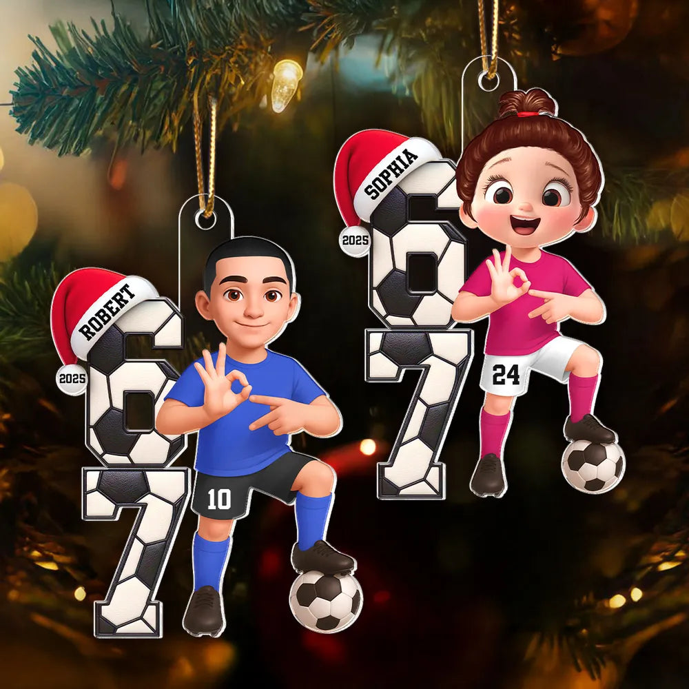 Custom Soccer Boy or Girl Acrylic Ornament – Funny Teen Slang Six Seven, Festive Holiday Decor & Creative Gift for Young Soccer Fans