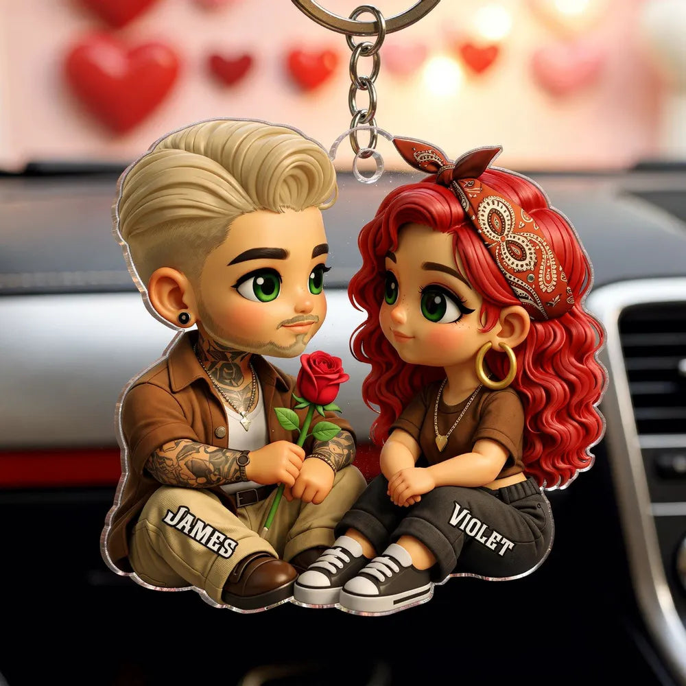 Personalized Couple Acrylic Car Hanger with Rose, Sweet Valentine’s Day Gift, Cozy Cute Rearview Mirror Keepsake