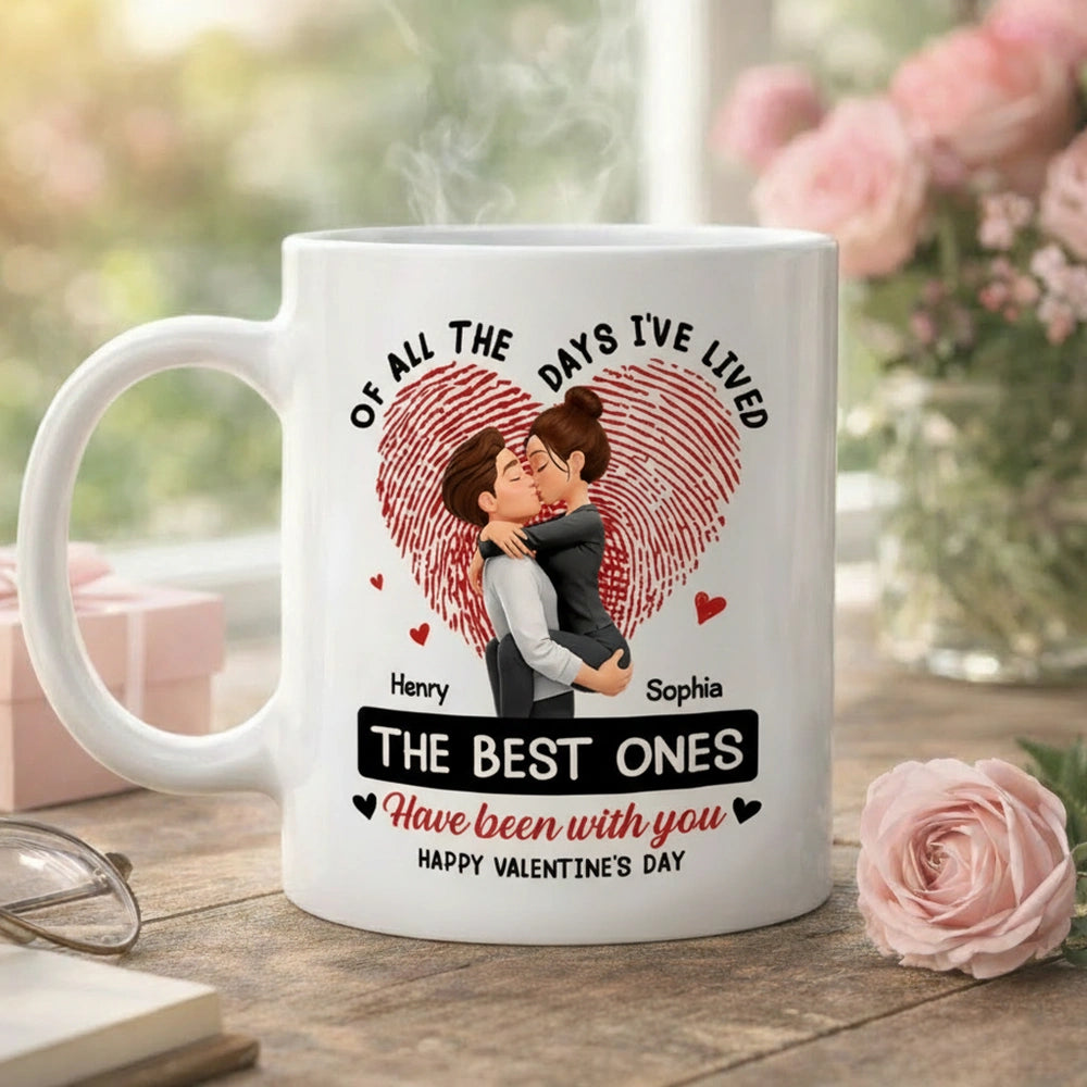 Personalized Ceramic Mug with Kissing Couple and Heart Print, Valentine's Day Coffee Gift for Him or Her