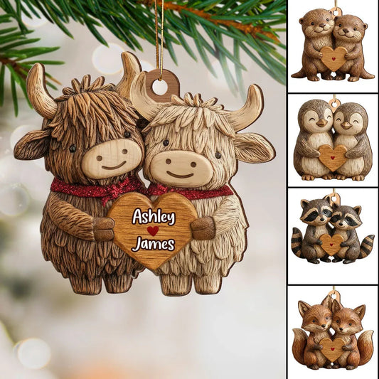 Wooden Ornament with Personalized Name Look, Adorable Animal Couple Hugging with Heart, Sweet Holiday Gift