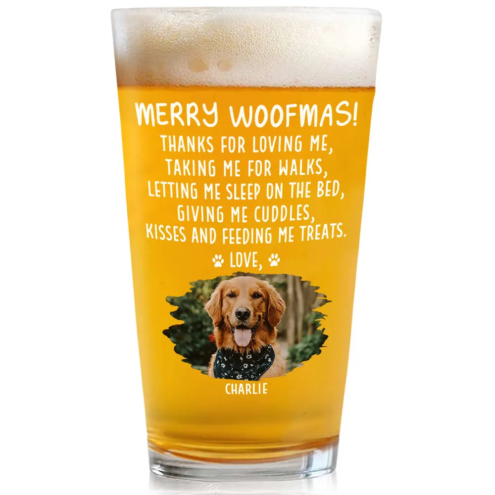 Beer Glass for Dog Lovers - Sleeping Puppy Santa Design, Christmas Message, a unique personalized gift for the home bar