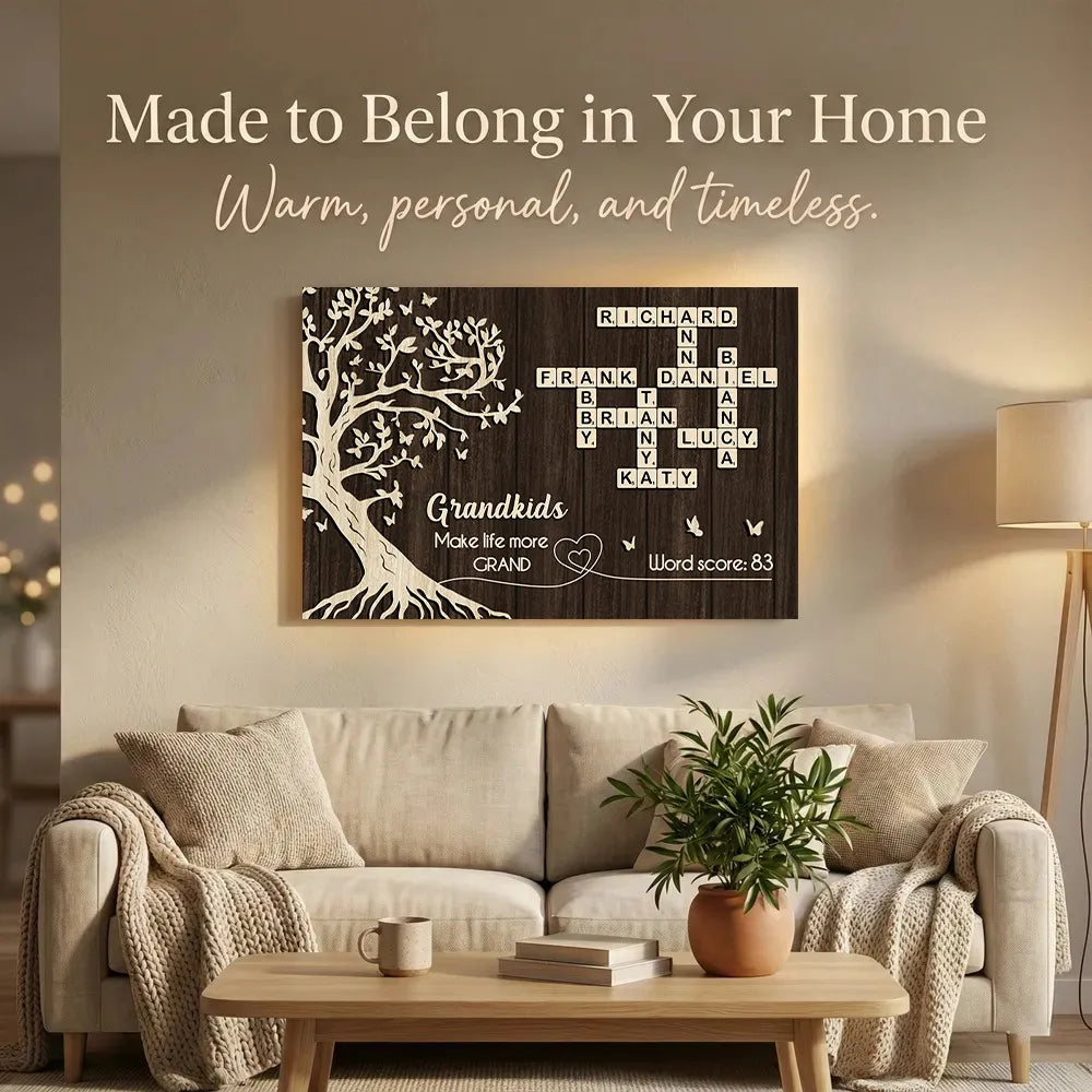 Personalized Grandkids Poster with Family Tree & Crossword Names – Custom Wall Art Gift for Grandma & Grandpa, Unique Home Decor Keepsake