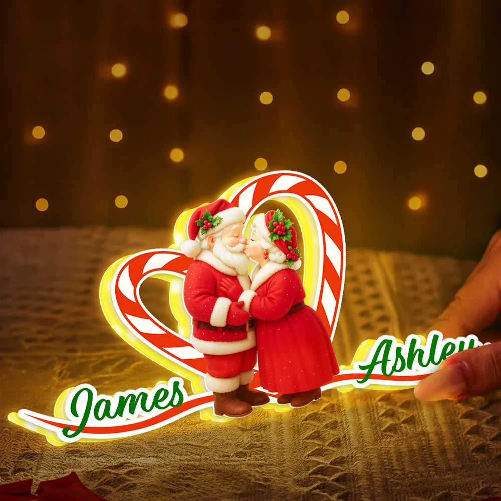 Personalized Acrylic Light Box - Santa Couple Kissing with Candy-Cane Heart, Warm Glow Holiday Decor, Unique Gift for Couples