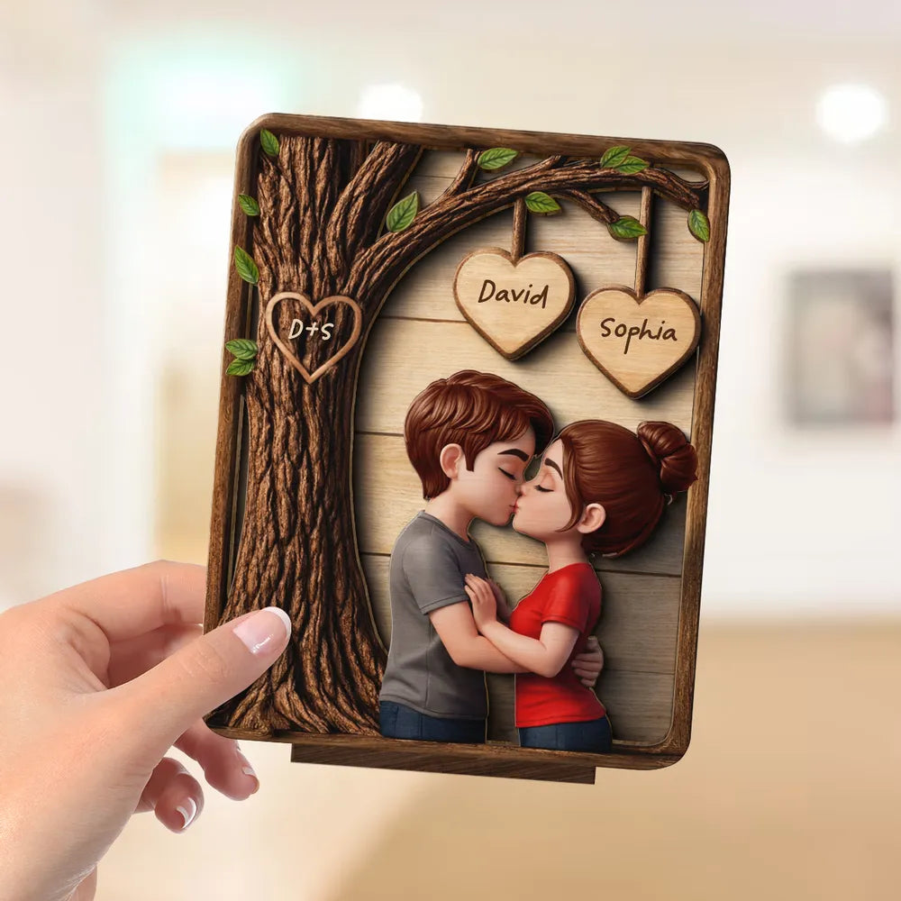 Personalized 2-Layer Wooden Plaque with Kissing Couple Under Tree for Desk or Shelf, Romantic Unique Gift for Her or Him
