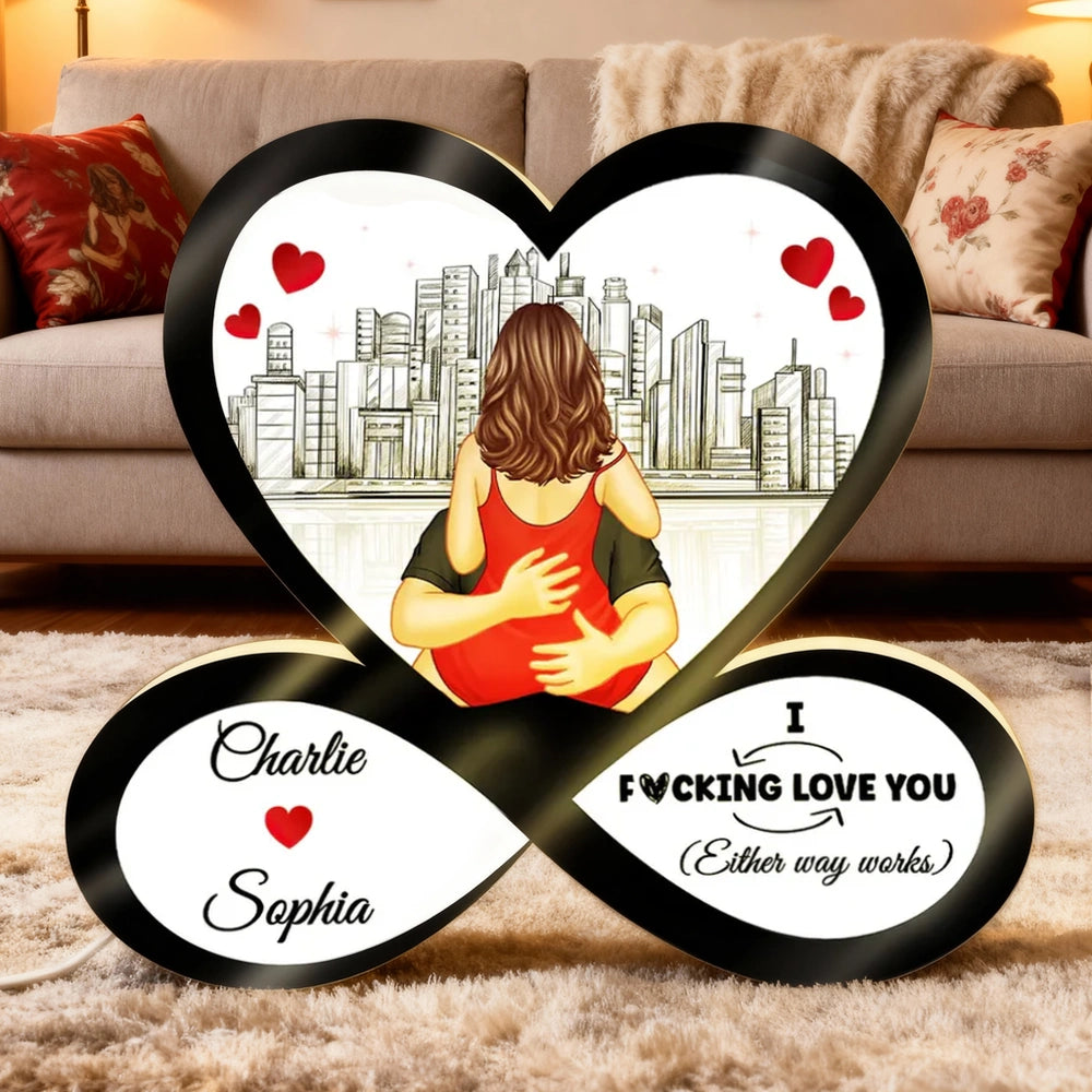 Funny Romantic Couple Acrylic Light Box, Personalized Infinity Heart Skyline Design - Warm Glow Keepsake Gift for Couples