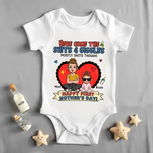 Here Come The Giggles Personalized Short Sleeve Baby Onesie, Funny First Mother's Day Gift for New Mom