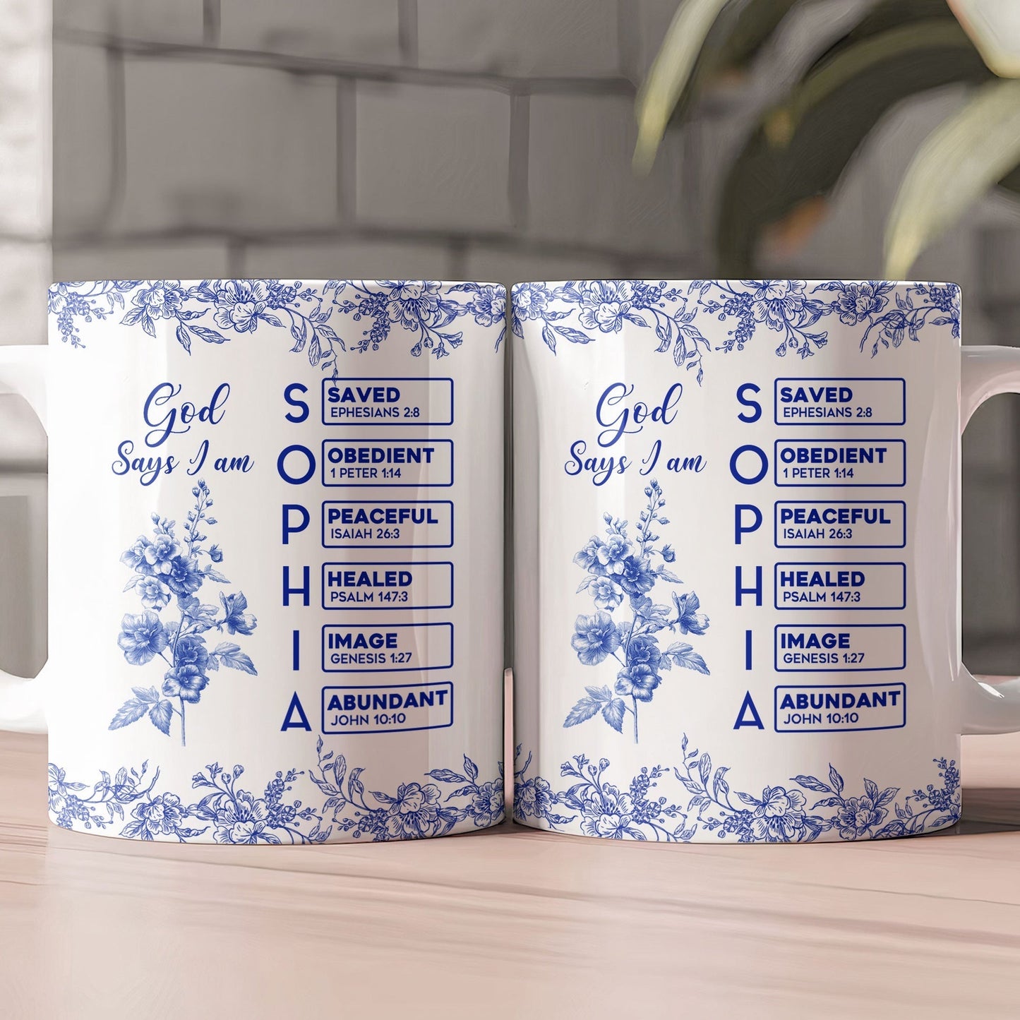 White Ceramic Mug with Bible Verses and Blue Floral Design, Faithful and Heartwarming Gift