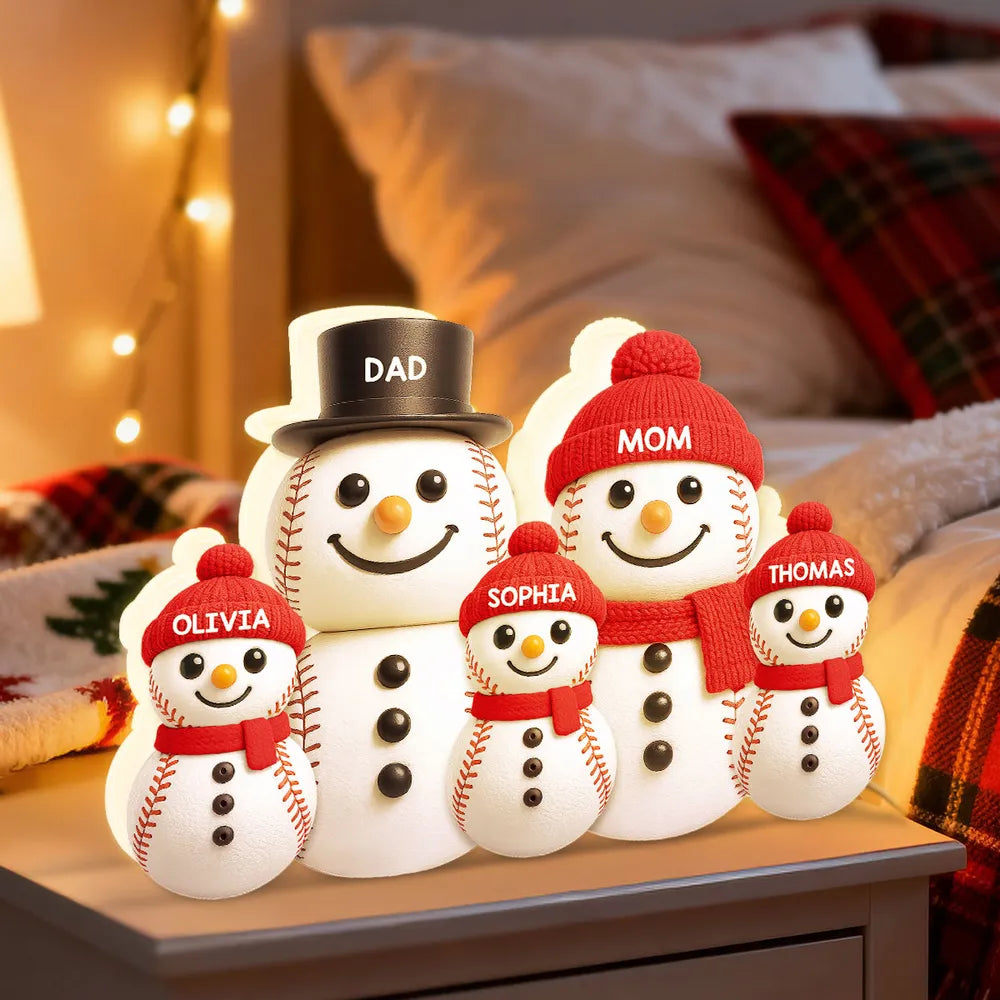 Baseball Snowman Family Acrylic Light Box, Personalized Design, Christmas Decor, Warm Glow, Unique Gift for Family