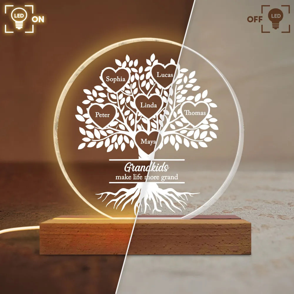 Shaped Acrylic Block LED Plaque Personalized for Grandma - Glowing Grandkids Family Tree Keepsake, Heartwarming Gift