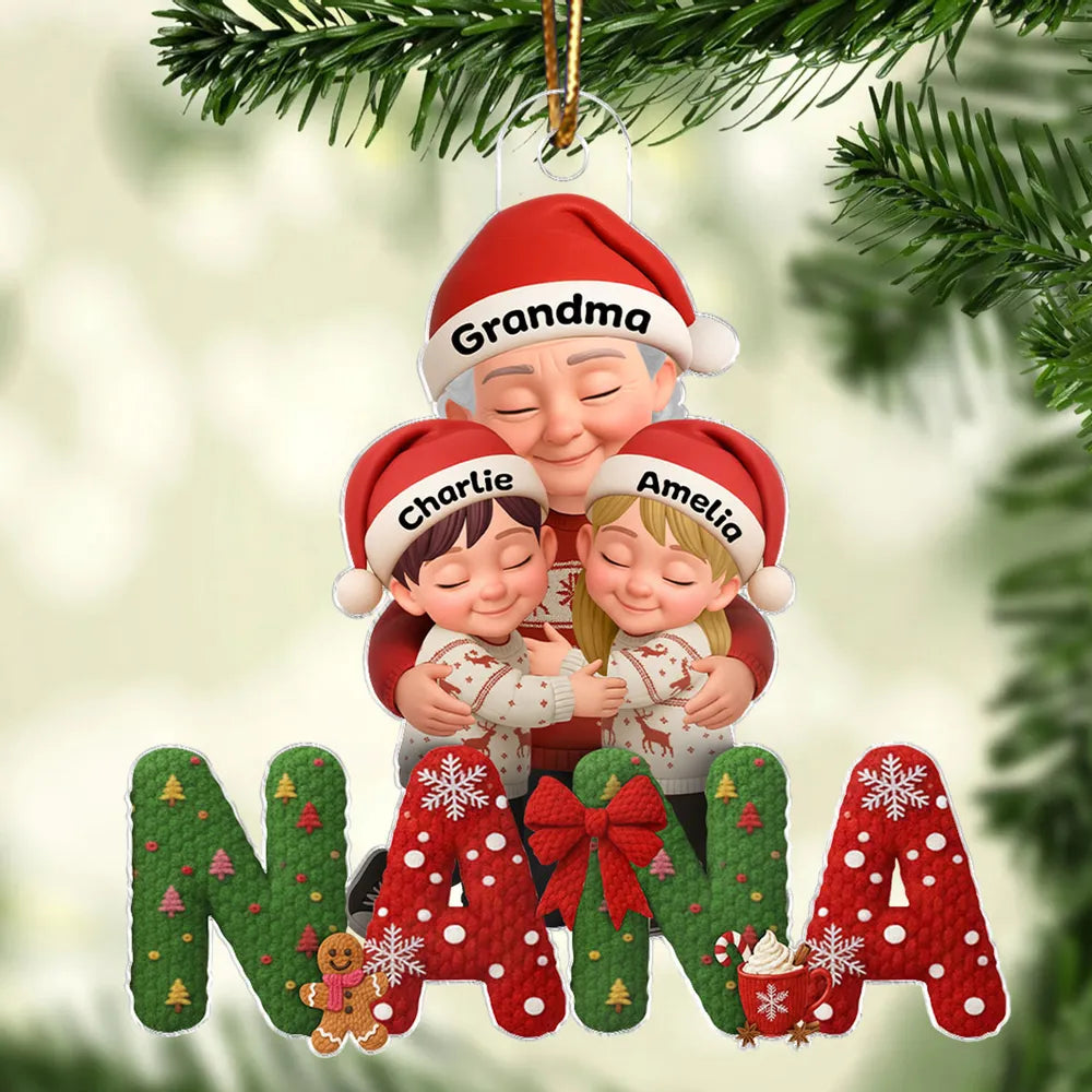 Personalized Acrylic Ornament for Grandma and Grandkids, Cozy Hugging Scene, Cute Christmas Tree Decor, Unique Holiday Gift
