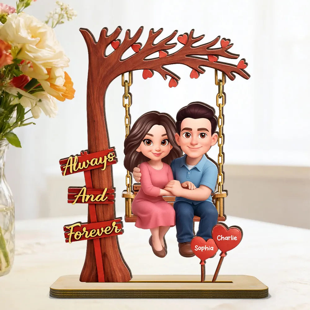 Personalized 2-Layer Wooden Plaque Couple on Swing Under Heart Tree, Always And Forever Romantic Unique Gift for Her or Him