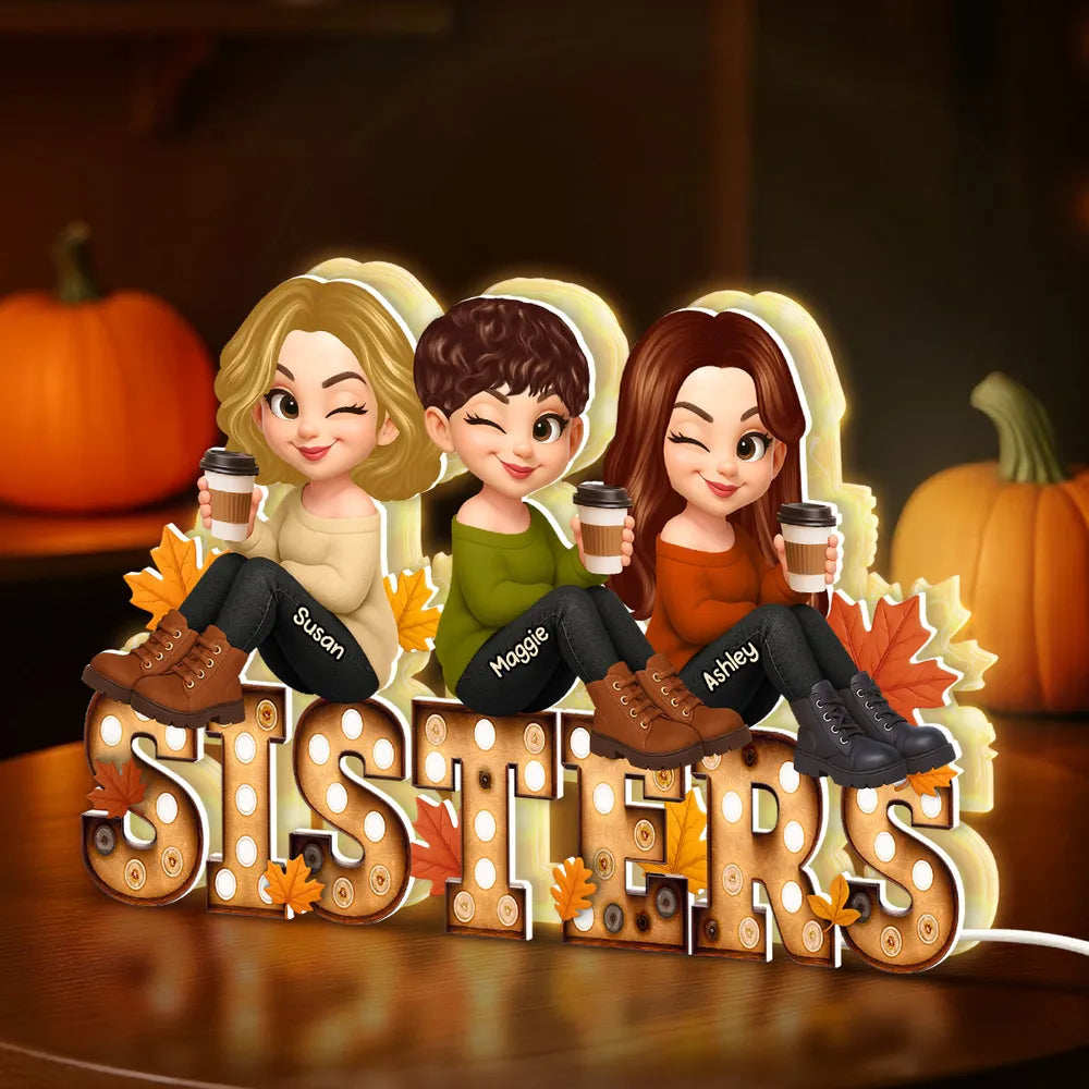 Personalized Sisters Acrylic Light Box with Cute Cartoon Design, Warm Glow Bedroom Lamp, Unique Gift for Best Friend Sisters