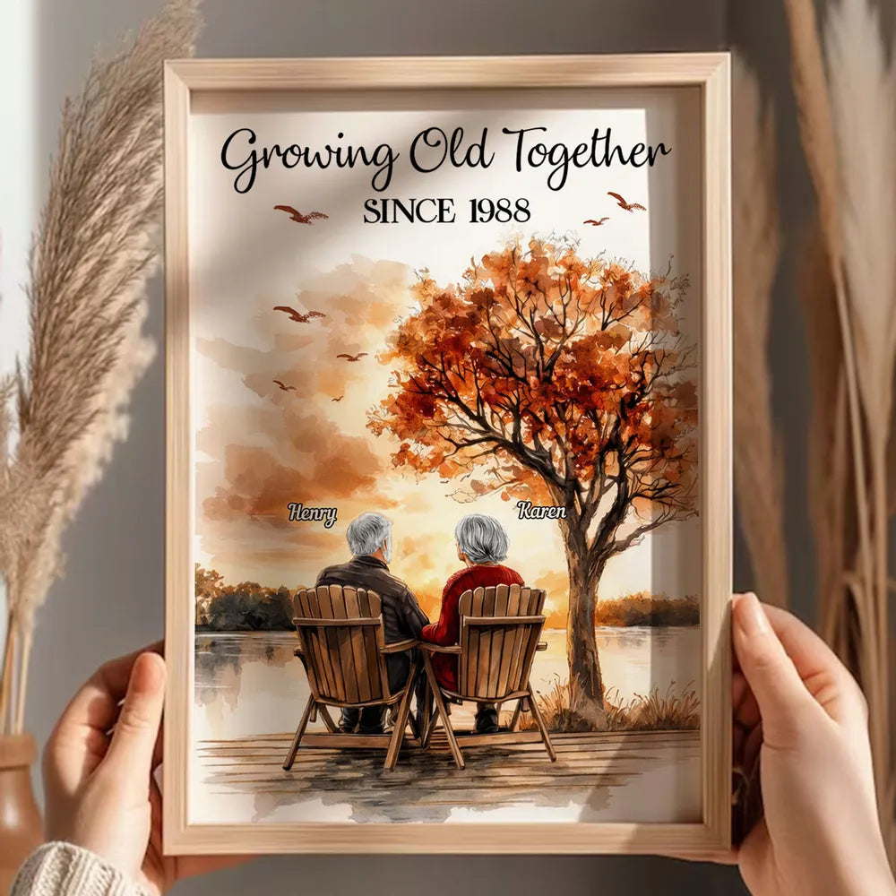 Personalized Growing Old Together Poster, Romantic Couple on Lake Dock at Sunset, Unique Anniversary Gift for Wife or Husband