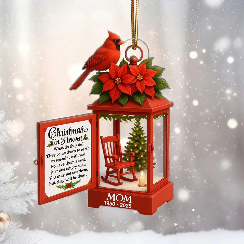 Acrylic Ornament Lantern Scene with Poinsettia and Candle – serene remembrance tree ornament, gift-ready memorial keepsake for Dad, Mom, and loved ones