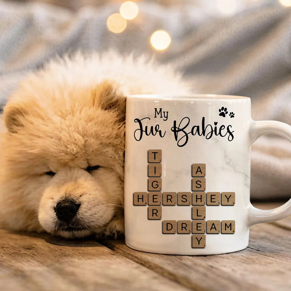 Personalized White Ceramic Mug for Fur Babies Lovers with Crossword Pet Names, Cute Unique Gift for Dog or Cat Mom