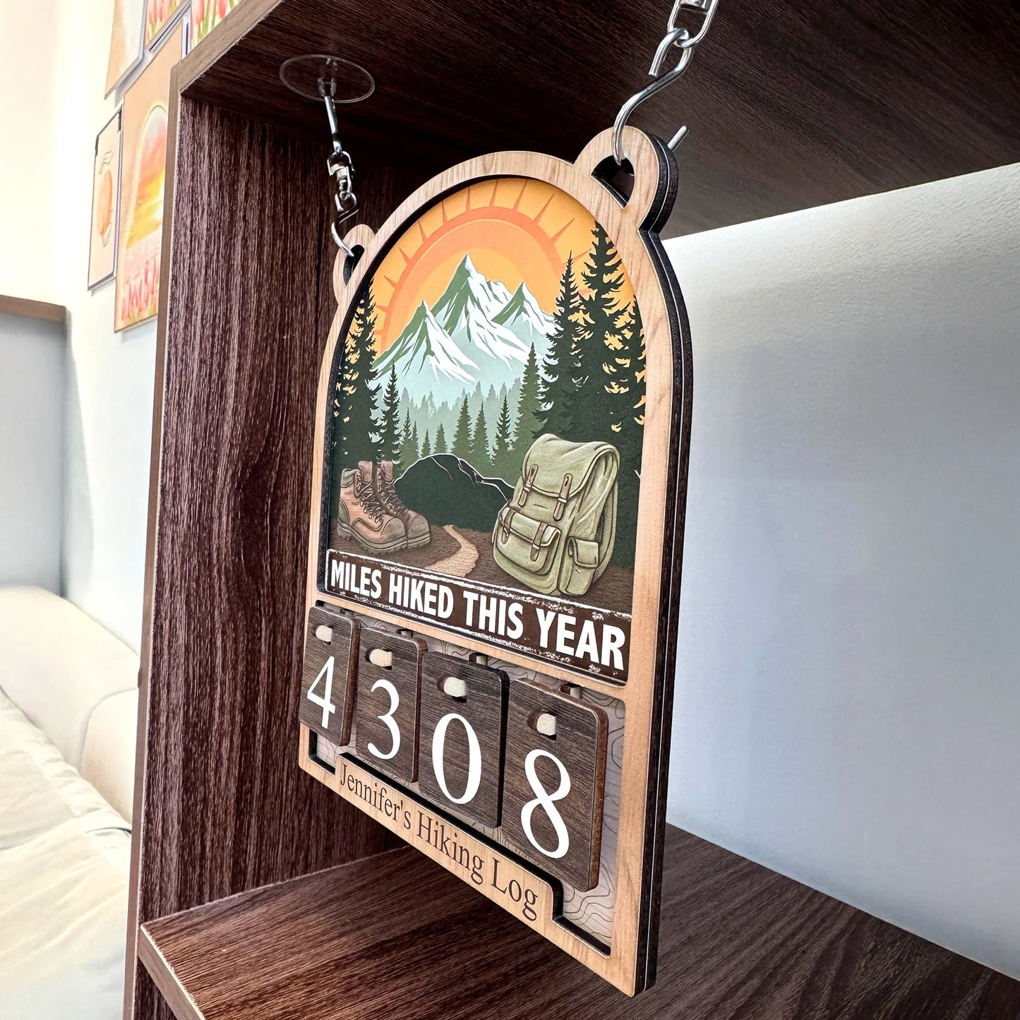 Personalized Hiking Miles Tracker Sign - Mountain Sunset Decor, Unique Gift for Hikers