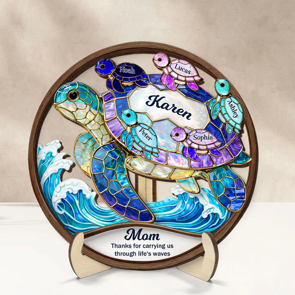 2-Layer Wooden Plaque with Stained-Glass Style Sea Turtle and Heartfelt Message - Personalized Gift for Mom