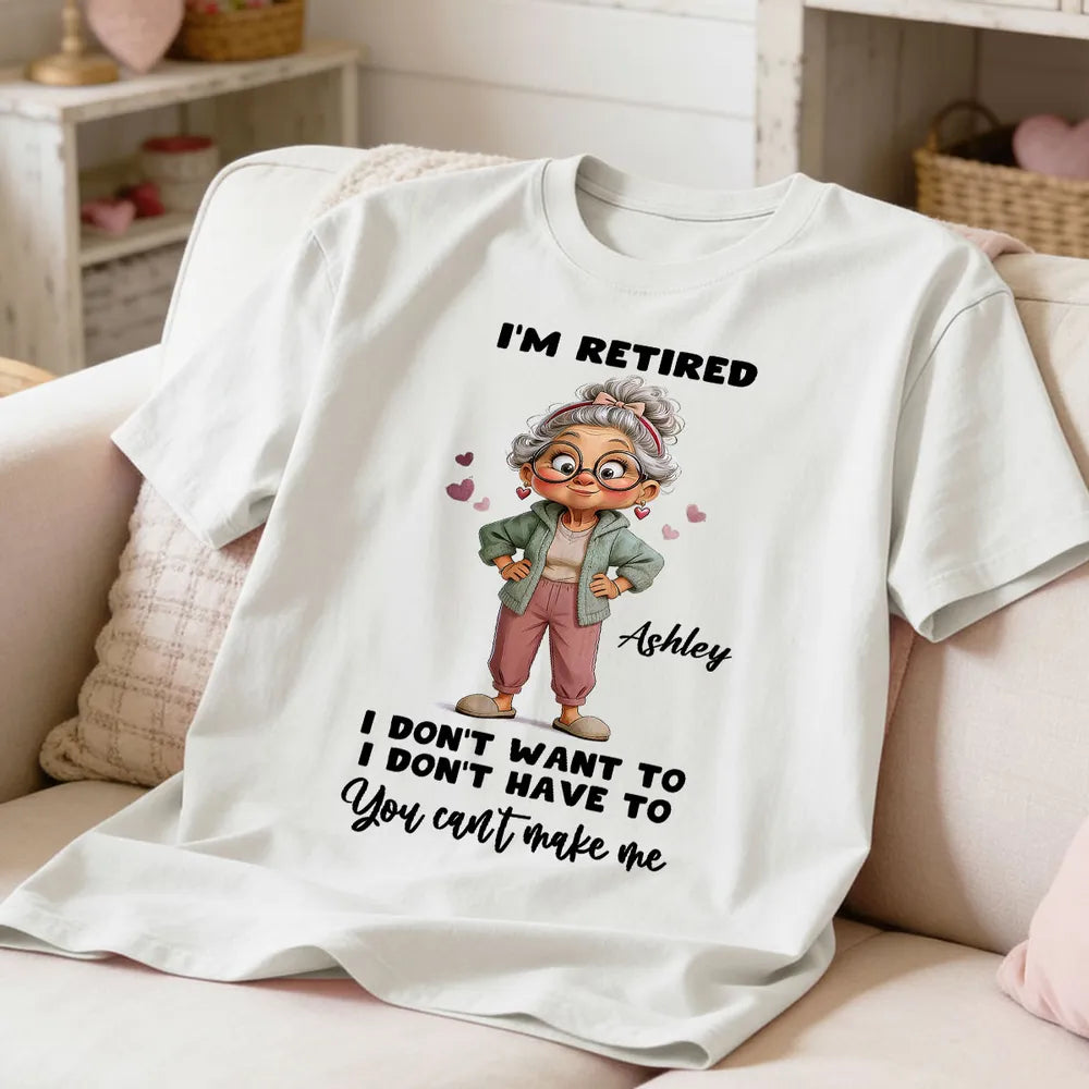 Personalized Classic Tee 'I'm Retired' Cute Cartoon Grandma Shirt, Funny Everyday Wear, Unique Retirement Gift for Mom or Grandma