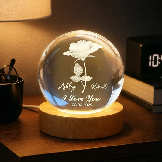 Personalized I Love You Globe Lamp with Rose Design - Cozy Bedside Glow for Her or Him, Unique Gift