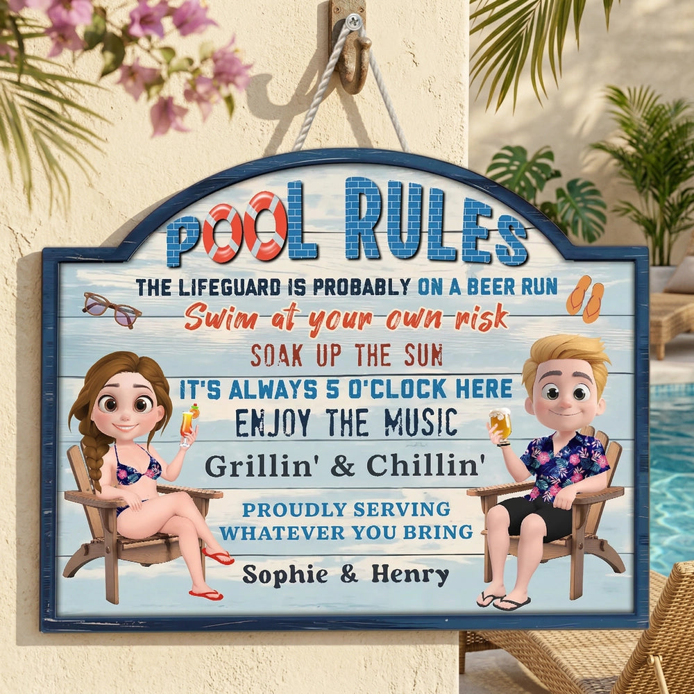Poolside Grillin' & Chillin' Personalized Wooden Sign, Beachy Funny Backyard Decor, Unique Gift For Couples