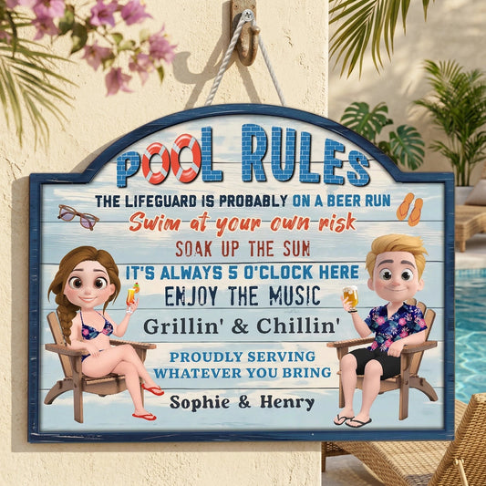 Poolside Grillin' & Chillin' Personalized Wooden Sign, Beachy Funny Backyard Decor, Unique Gift For Couples