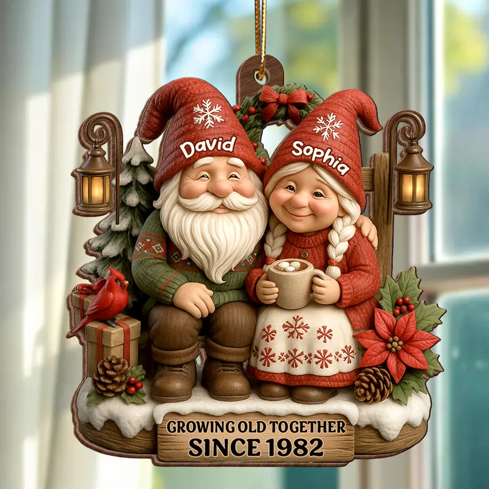 Personalized Wooden Ornament for Couples Growing Old Together – Cute Gnome Design, Christmas Tree Decoration, Unique Romantic Gift