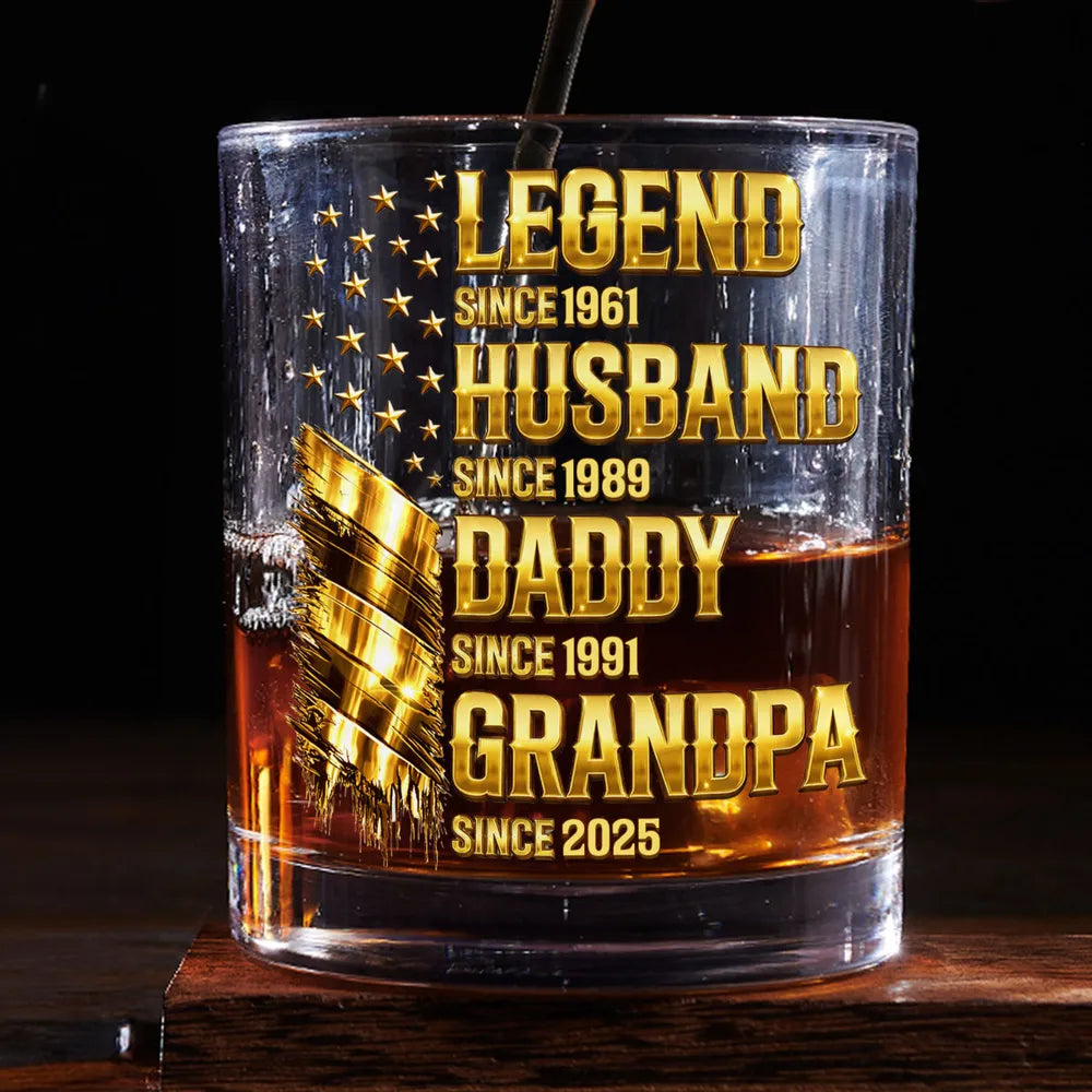 Personalized Whiskey Glass Legend Since Custom Gift for Husband Daddy Grandpa - Gold Feather Bar Look