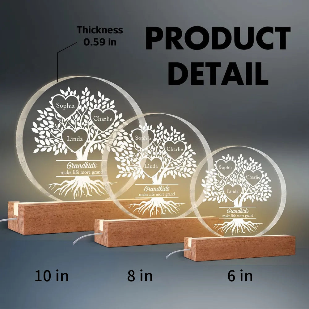 Shaped Acrylic Block LED Plaque Personalized for Grandma - Glowing Grandkids Family Tree Keepsake, Heartwarming Gift