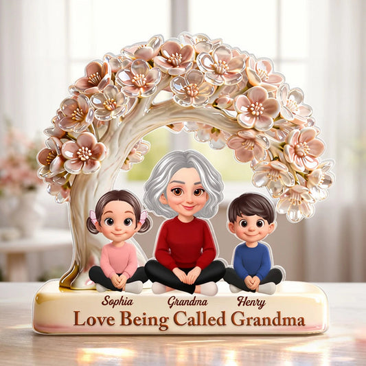 Shaped Acrylic Block Plaque with Grandma and Grandkids Under Blossom Tree, Personalized Home Accent, Thoughtful Gift for Grandma