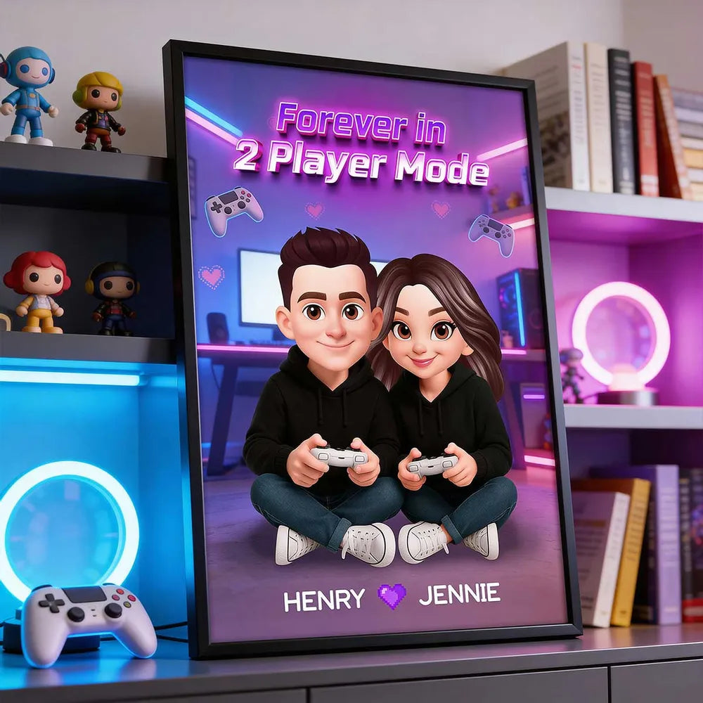 Personalized Gamer Couple Poster Forever in 2 Player Mode Neon Game Room Wall Art Unique Gift for Him or Her