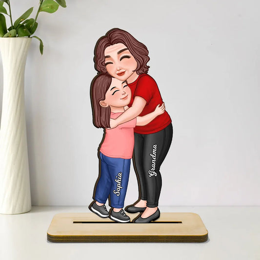 Wooden Plaque Personalized Hugging Grandma & Grandkid Freestanding Decor, Warm Cartoon Style, Unique Gift for Grandma