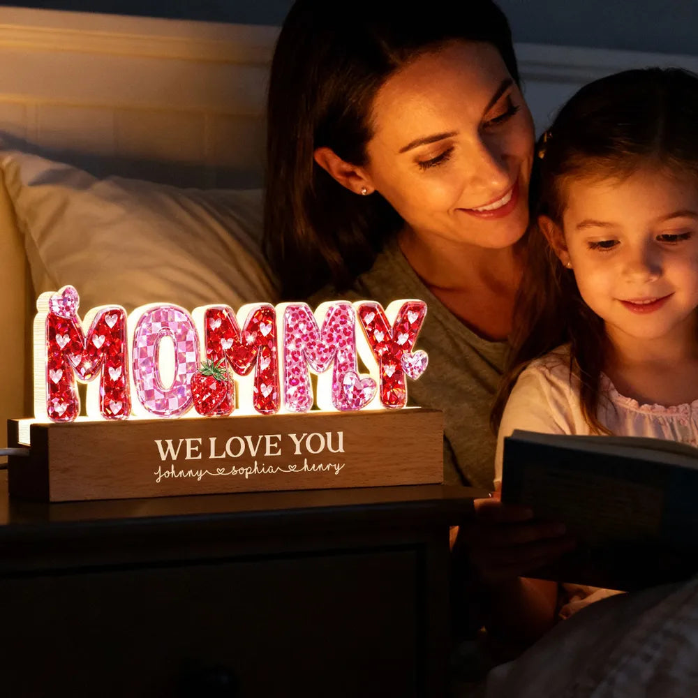 Personalized Shaped Acrylic Block LED Plaque with MOMMY Hearts, Sweet Room Decor, Unique Gift for Mom