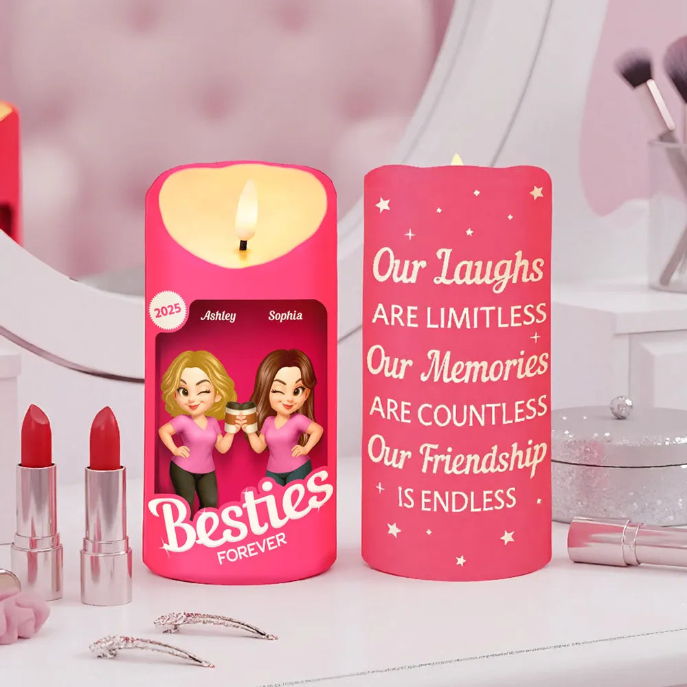 Besties Forever Flameless LED Candle | Warm Pink Glow | Printed Friendship Gift for Best Friends