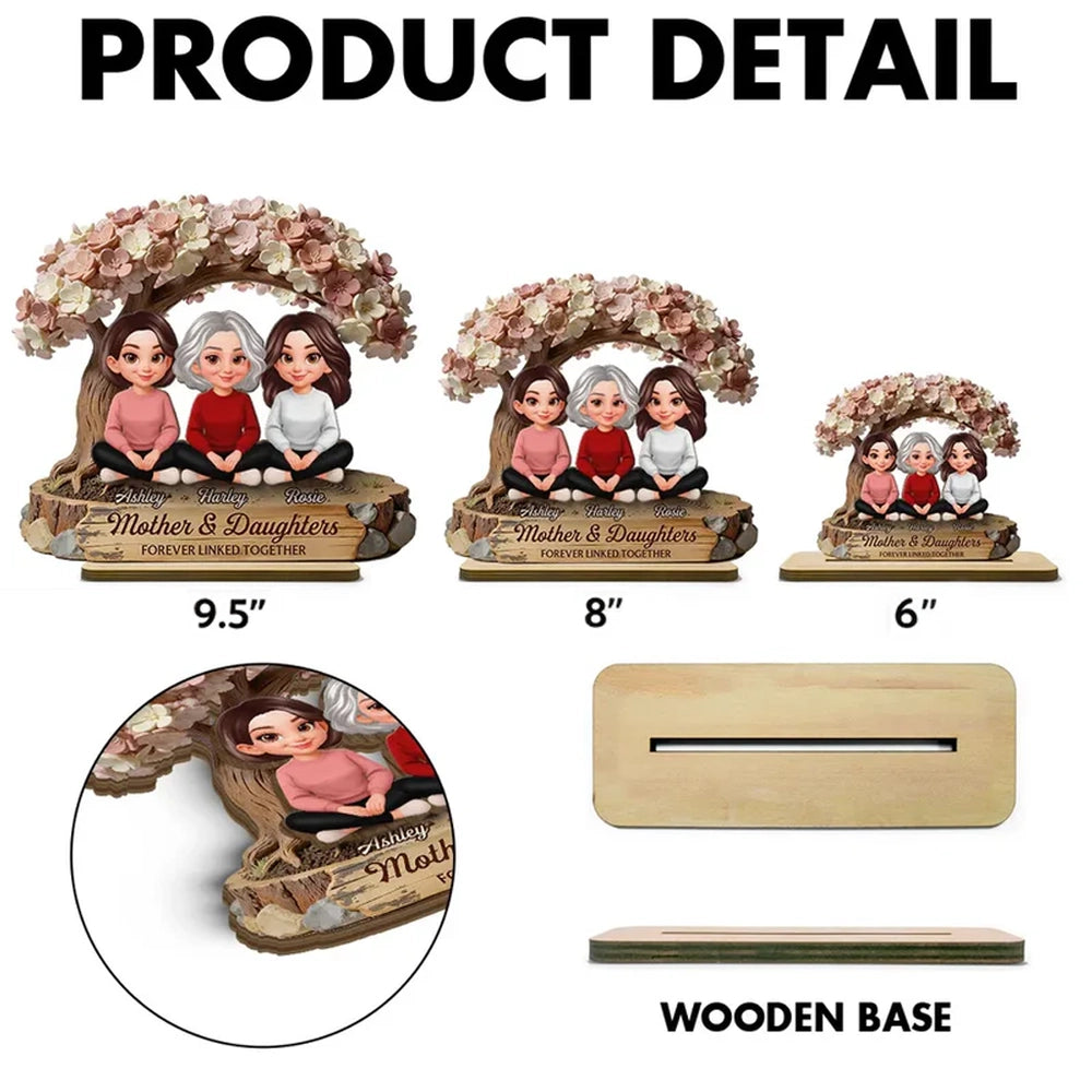Mother & Daughters Forever Linked Together 2-Layer Wooden Plaque, Personalized Family Keepsake Gift for Mom