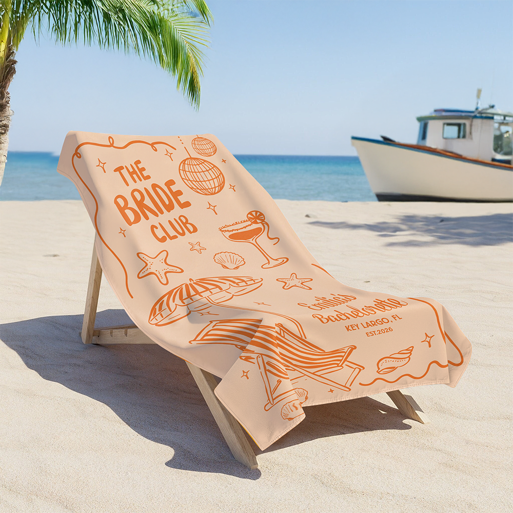 Personalized Beach Towel The Bride Club, Custom Girls Trip Poolside Gift with Retro Beach Icons for the Bride Squad