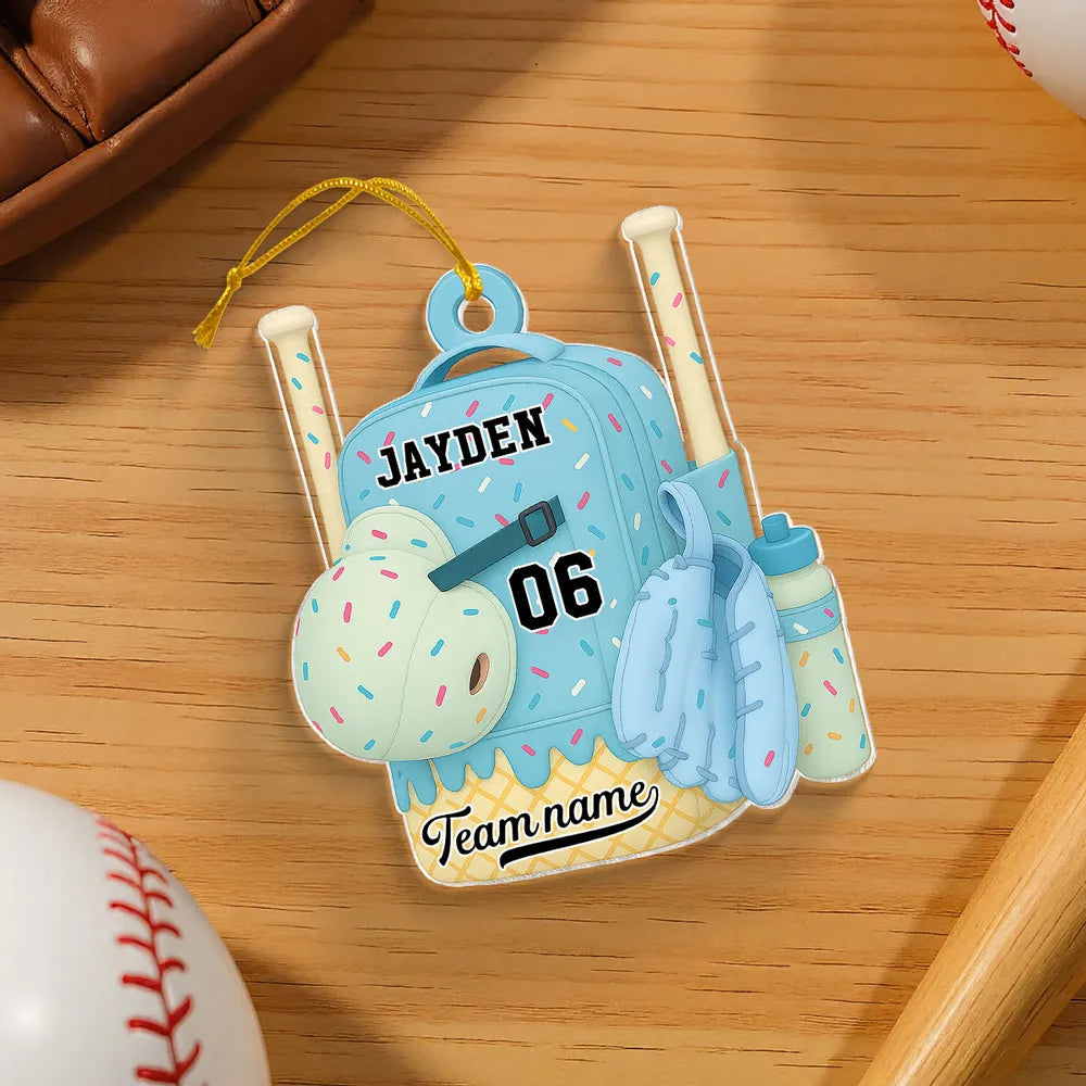 Acrylic Ornament Baseball Softball Backpack, customizable candy-sprinkle design for holiday tree, cute unique gift for kids