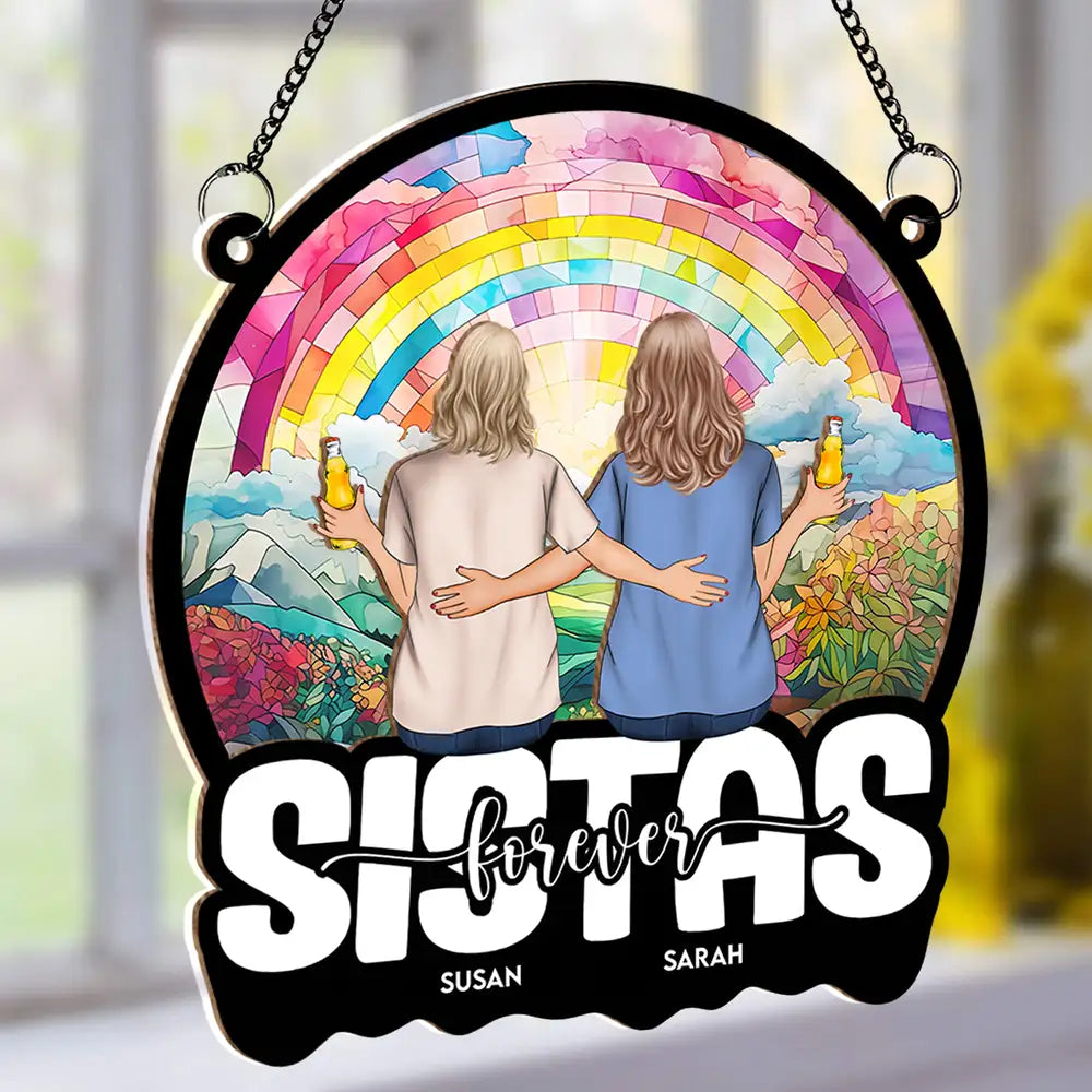 Sisters Forever – Personalized Wood and Acrylic Layered Ornament with Rainbow Design
