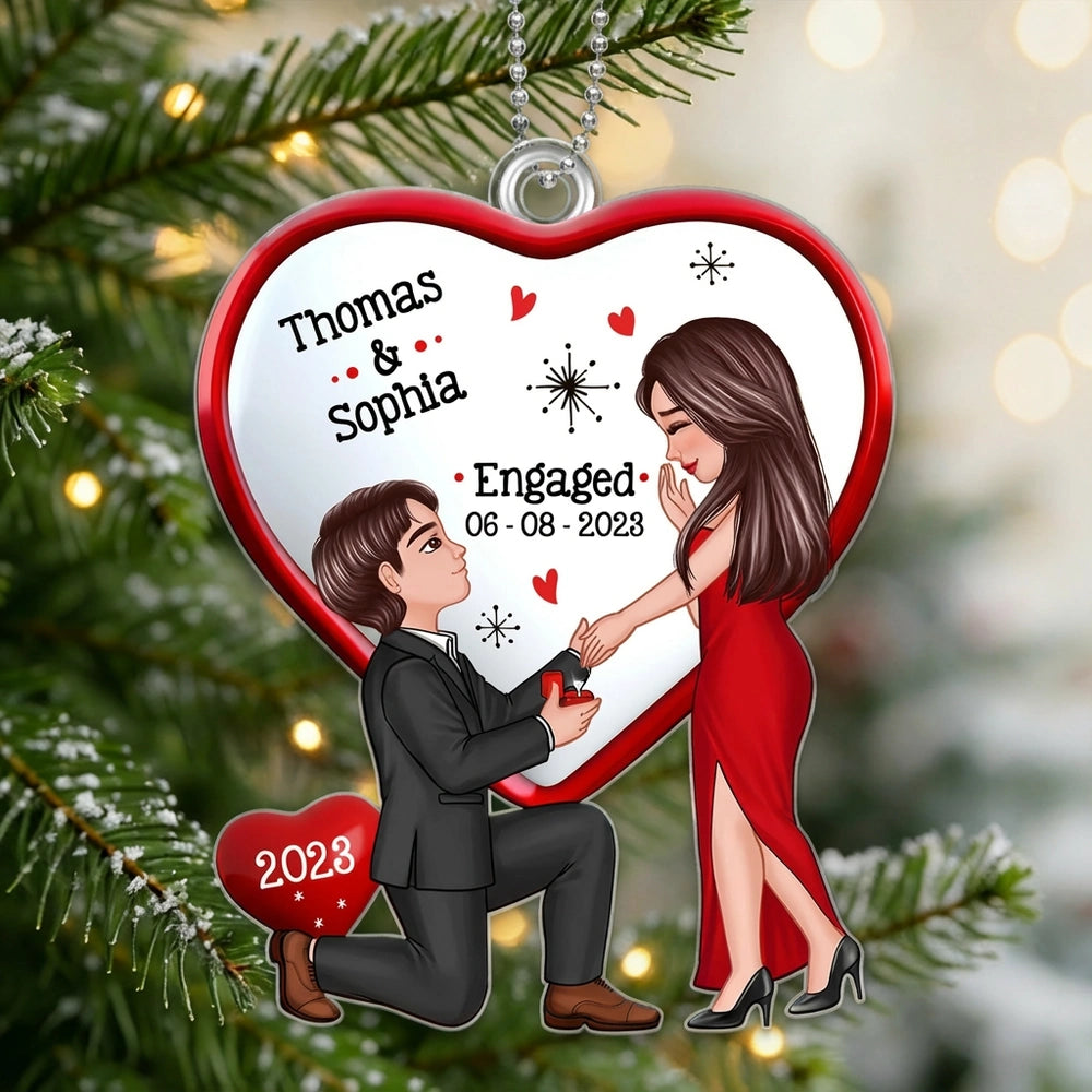 Personalized Engagement Proposal Acrylic Ornament, Kneeling Couple Heart Design, Unique Keepsake Gift for Couples