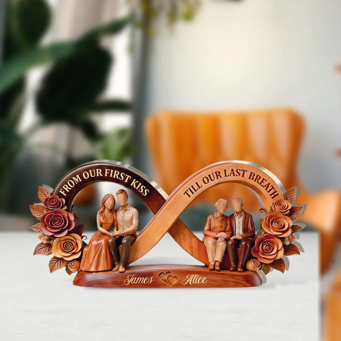 Shaped Acrylic Block Plaque with Infinity Love Memory Scene, Warm Rose Home Accent, Personalized Keepsake Gift for Couple