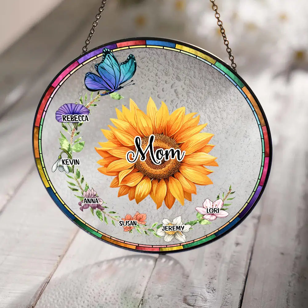 Custom Sunflower Suncatcher Ornament – Personalized Mom or Grandma Gift with Grandkids' Names & Flowers