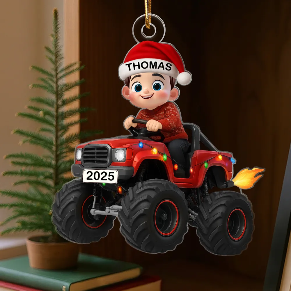 Personalized Acrylic Ornament - Kid Driving Monster Truck in Santa Hat - Christmas Tree Decor, Unique Gift for Kids