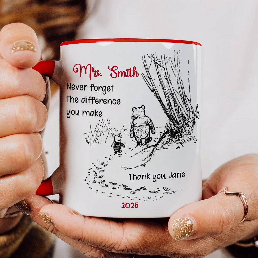 Personalized White Ceramic Mug for Teacher with Cute Bear Illustration, Daily Coffee Reminder of the Difference They Make, Unique Thank You Gift
