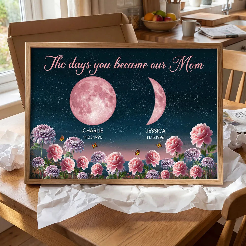 The Days You Became Our Mom Poster, Personalized Moon Phases and Birth Month Flowers, Heartfelt Gift for Mom
