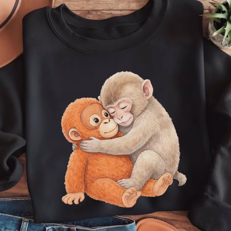 Cute Punch Monkey Graphic Classic Tee, Hugging Baby Monkey Art, Cozy Viral Animal Lover Gift Shirt
