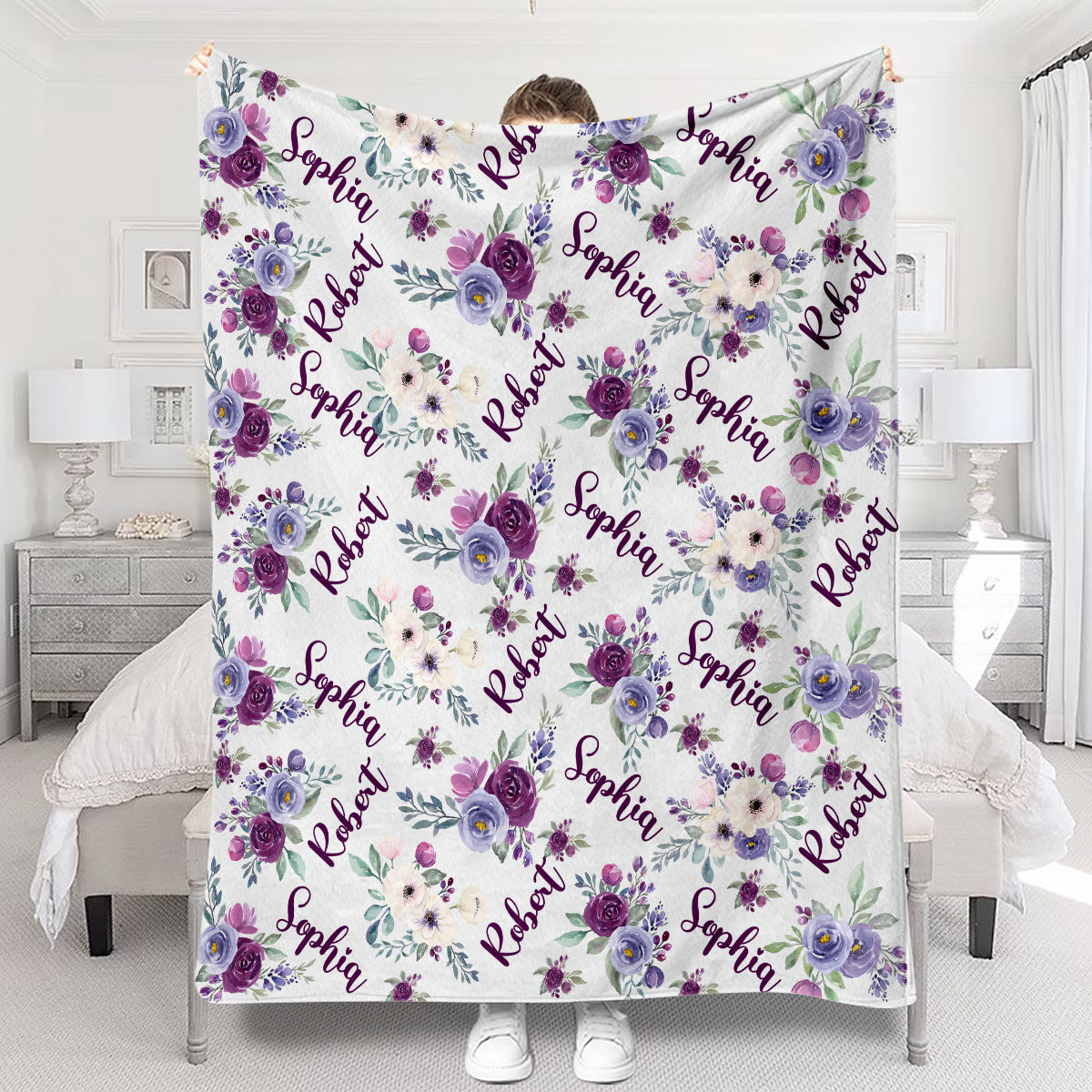 Custom Name Purple Flowers - Personalized Couple Blanket