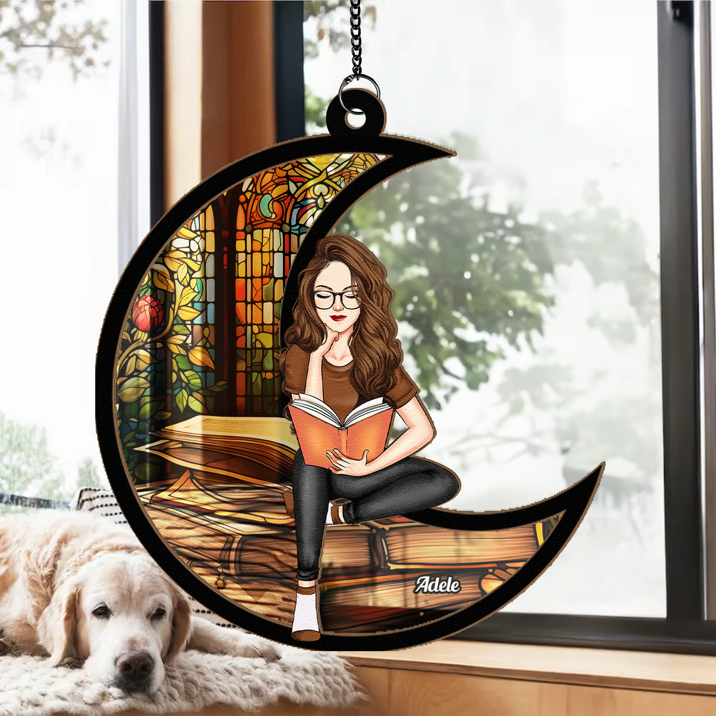 Book Lover Ornament with Stained Glass Window, Reading Girl Sitting on Crescent Moon, Cozy Home Décor Gift for Readers