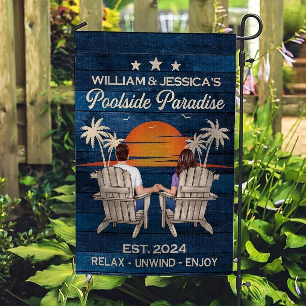 Relaxing Poolside Paradise Decor with Optional Flag Background Couple Sitting Personalized Flag, Sign, Vase - Perfect for Garden, Housewarming, Birthday, Anniversary Gift for Him, Her